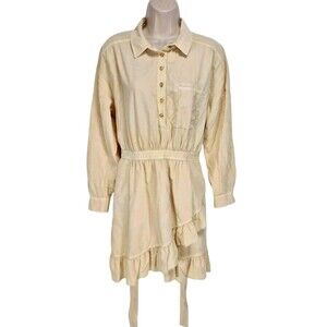 PILCRC Women Button Up Ruffle Mini Shirt Dress Sz S Ivory Chambray Long SL 113A